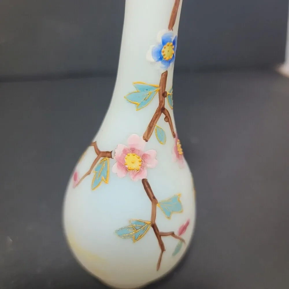 Frosted Glass Bud Face Hand Painted Pink And Blue Flowers on Branch 6